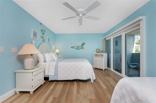 bedroom with ceiling fan, light wood-type flooring, and access to outside