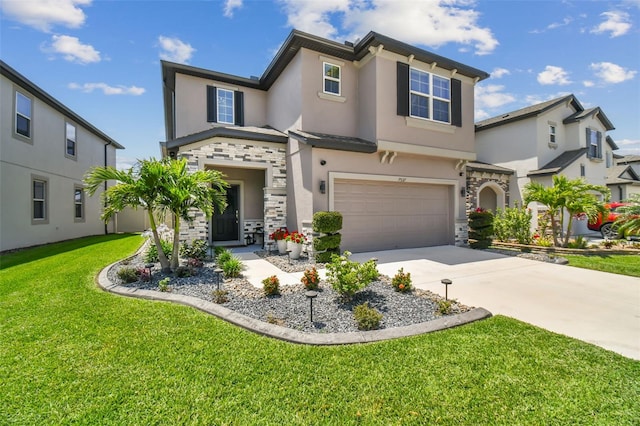 view of front facade featuring stucco siding, driveway, stone siding, a front yard, and a garage