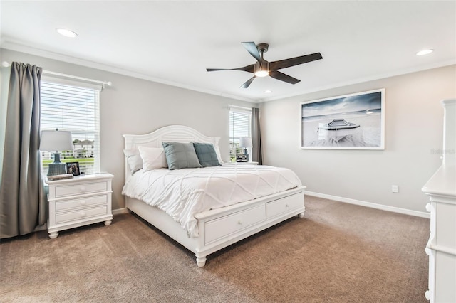 bedroom with light carpet, recessed lighting, baseboards, and ornamental molding