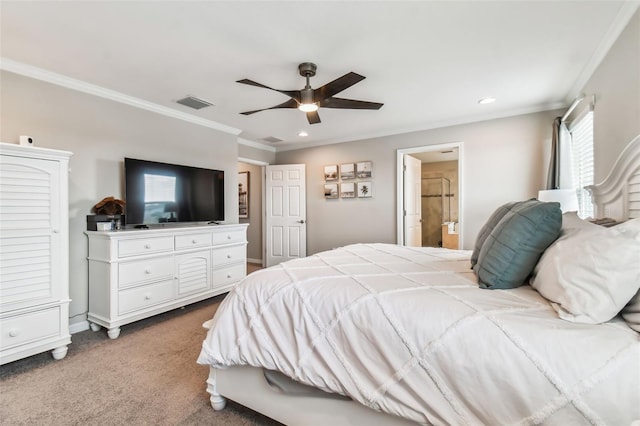 bedroom with visible vents, crown molding, ceiling fan, carpet flooring, and recessed lighting