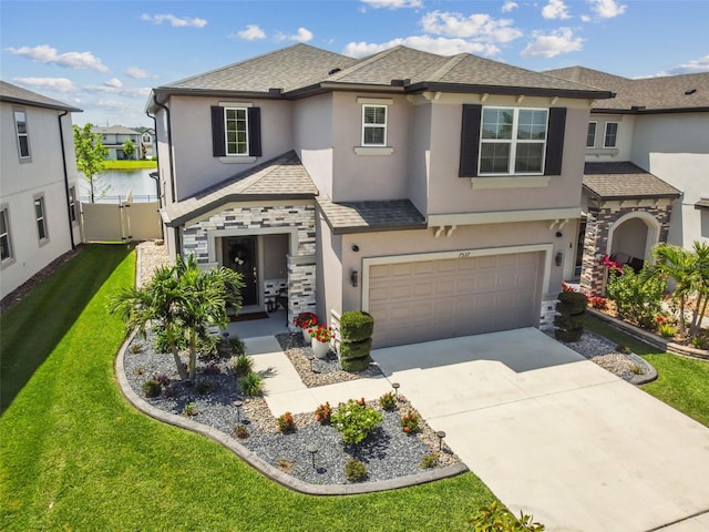 view of front of house with a shingled roof, driveway, and stucco siding