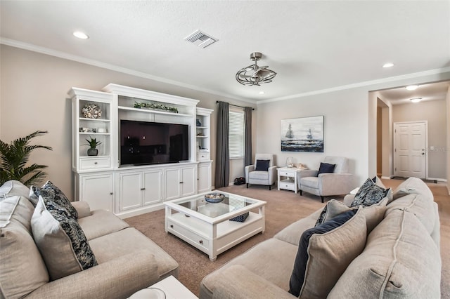 carpeted living area with crown molding, recessed lighting, and visible vents