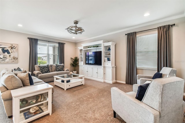 living room featuring ornamental molding, recessed lighting, baseboards, light colored carpet, and ceiling fan