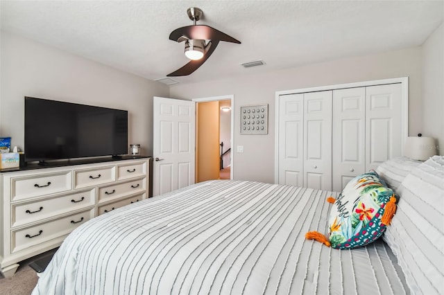 bedroom with visible vents, a closet, and ceiling fan