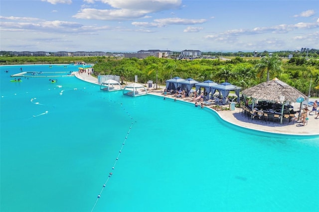 aerial view featuring a water view