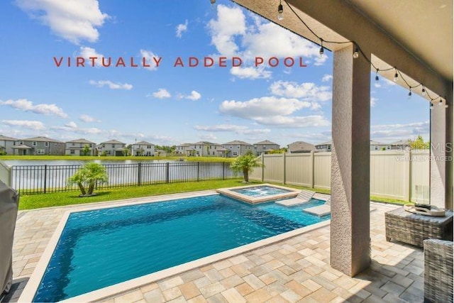 view of pool with a residential view, an in ground hot tub, a fenced backyard, and a patio area