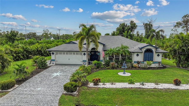 ranch-style home featuring a front yard and a garage