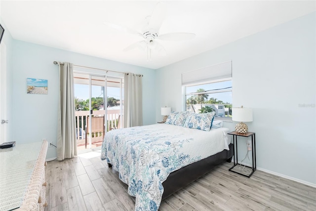 bedroom with access to outside, ceiling fan, and light hardwood / wood-style flooring