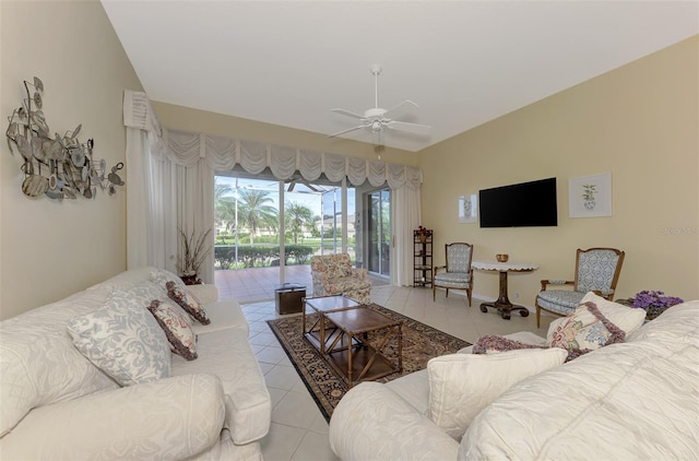 living room featuring ceiling fan and light tile patterned flooring