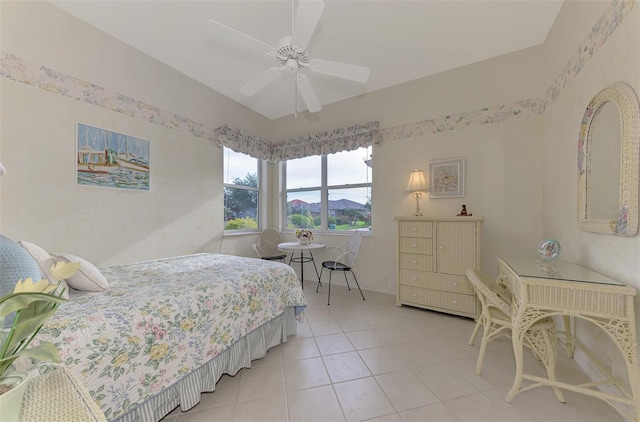 tiled bedroom with ceiling fan