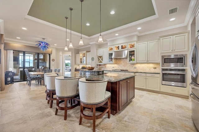 kitchen with a raised ceiling, dark stone countertops, and stainless steel appliances