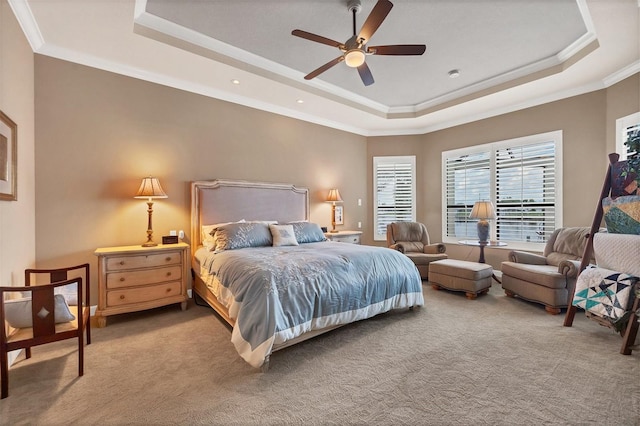 bedroom featuring ornamental molding, ceiling fan, and a raised ceiling