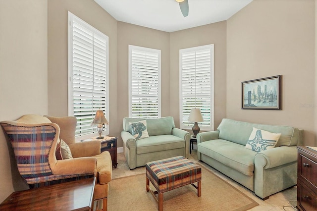 living room featuring ceiling fan