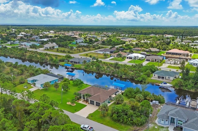 drone / aerial view with a water view