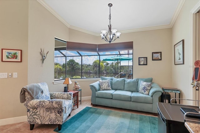 living room with ornamental molding and an inviting chandelier