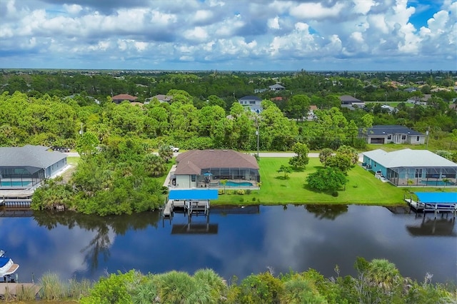 drone / aerial view with a water view