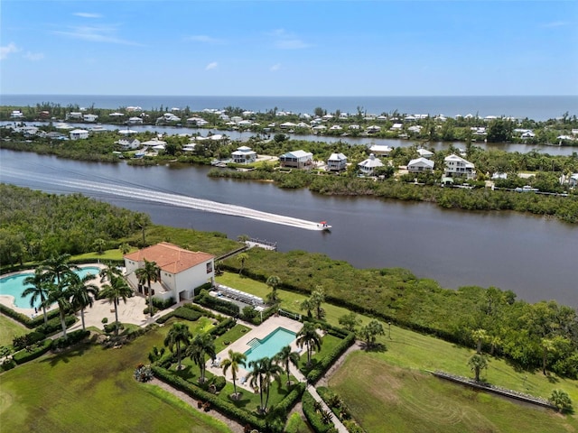 drone / aerial view featuring a water view