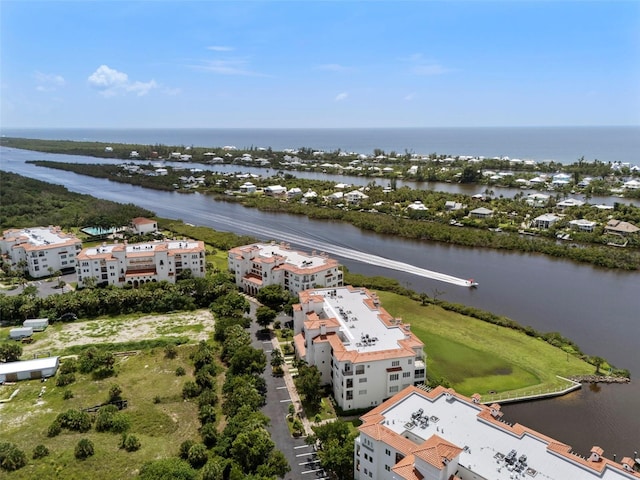 drone / aerial view featuring a water view