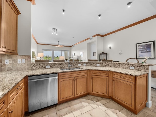 kitchen featuring ceiling fan, sink, kitchen peninsula, dishwasher, and crown molding