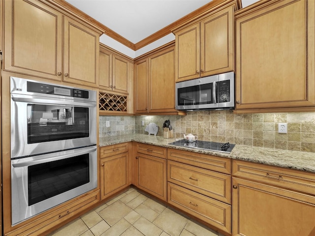 kitchen featuring light stone counters, light tile patterned flooring, tasteful backsplash, appliances with stainless steel finishes, and crown molding