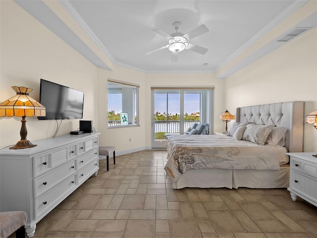 bedroom featuring ceiling fan, access to exterior, and crown molding