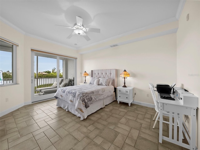 bedroom with crown molding and ceiling fan