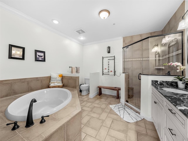 full bathroom featuring shower with separate bathtub, crown molding, vanity, and toilet