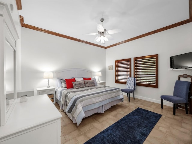 bedroom with ornamental molding and ceiling fan