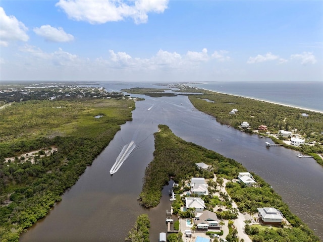 drone / aerial view featuring a water view