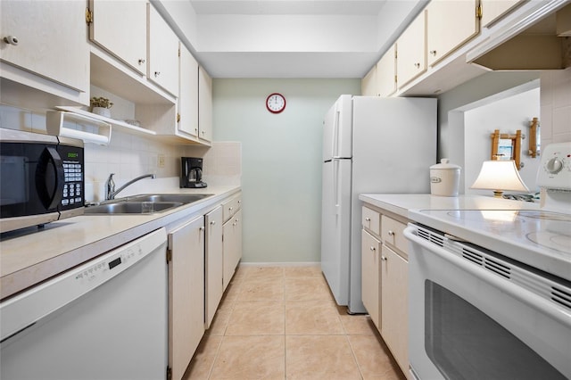 kitchen featuring backsplash, sink, white cabinets, and white appliances