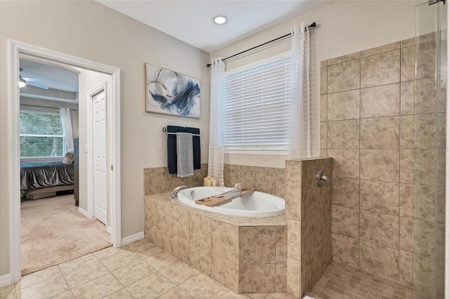 bathroom with separate shower and tub, tile patterned floors, and ceiling fan