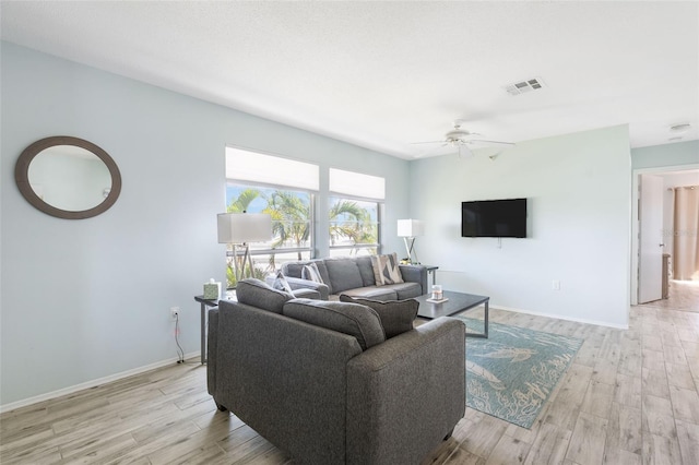 living room featuring ceiling fan and light hardwood / wood-style flooring