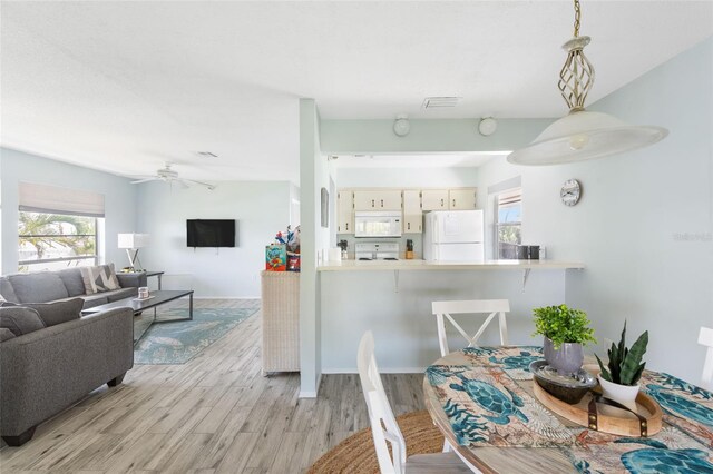 dining area featuring light hardwood / wood-style floors and ceiling fan