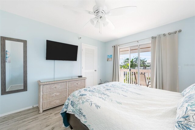 bedroom featuring light wood-type flooring, ceiling fan, and access to exterior