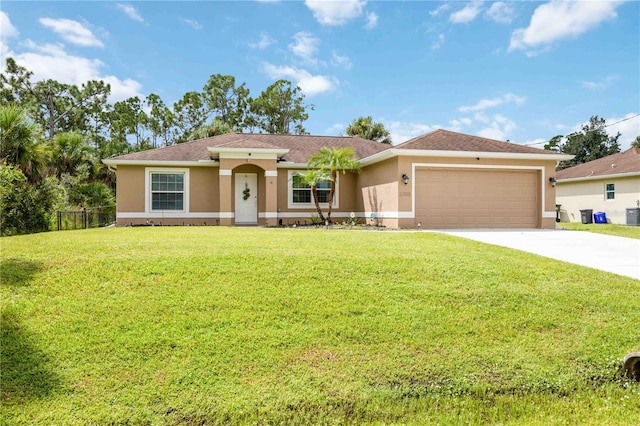 view of front of house featuring cooling unit, a front lawn, and a garage