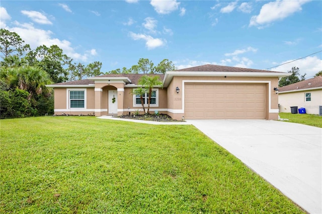 ranch-style house featuring a front lawn and a garage