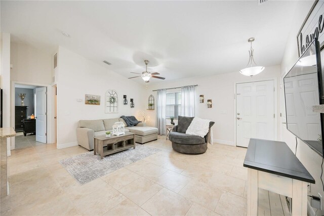 living room with vaulted ceiling and ceiling fan