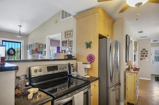 kitchen featuring ceiling fan, light brown cabinets, appliances with stainless steel finishes, and tile patterned flooring