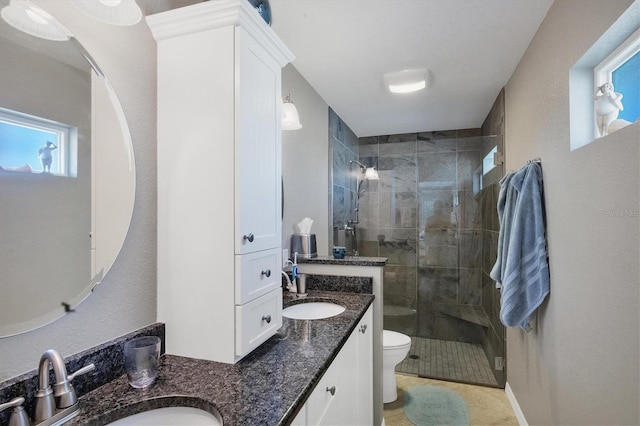 bathroom with vanity, toilet, and a shower with door