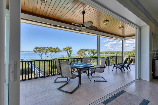 view of patio featuring ceiling fan and a water view