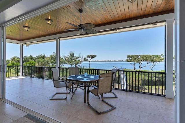 sunroom with wooden ceiling, a water view, and ceiling fan