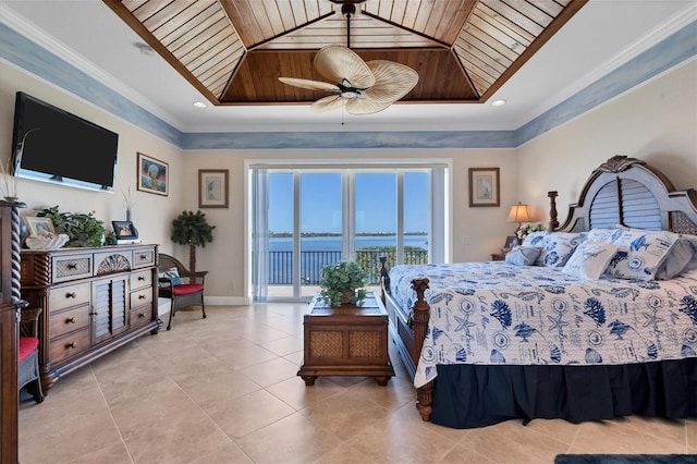 bedroom with wooden ceiling, light tile patterned floors, ceiling fan, and access to exterior