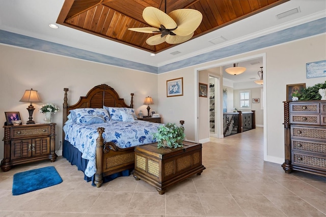 tiled bedroom with ornamental molding, ceiling fan, and wooden ceiling