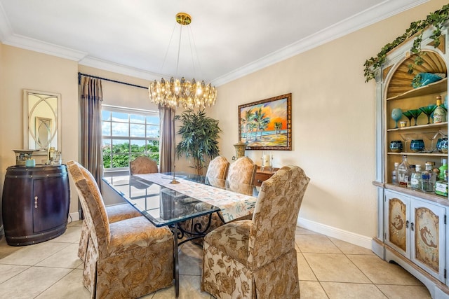 dining area with light tile patterned floors, crown molding, and a chandelier