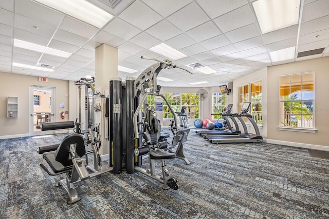 exercise room featuring a drop ceiling and carpet flooring