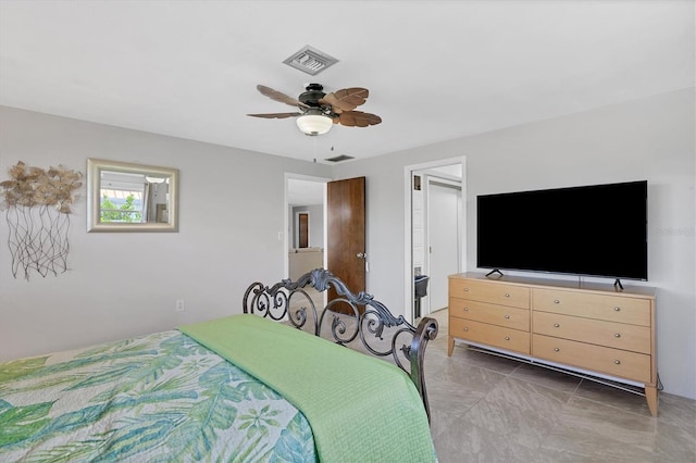 bedroom with connected bathroom and ceiling fan