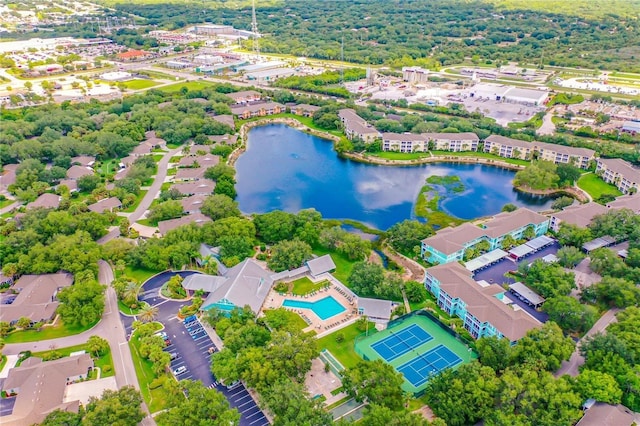 bird's eye view with a water view