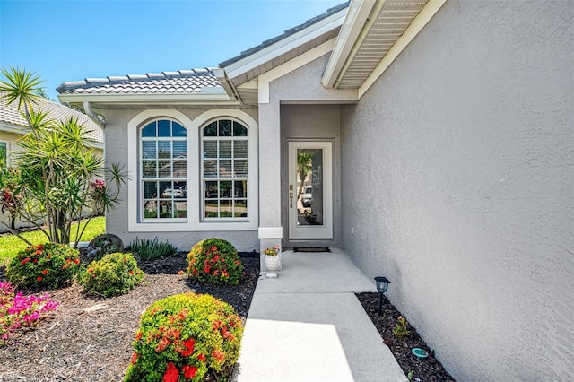 view of exterior entry with stucco siding and a tile roof