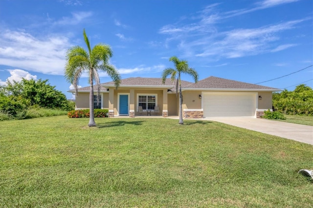 single story home with a front lawn and a garage