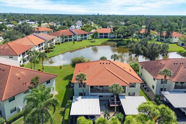 drone / aerial view featuring a water view